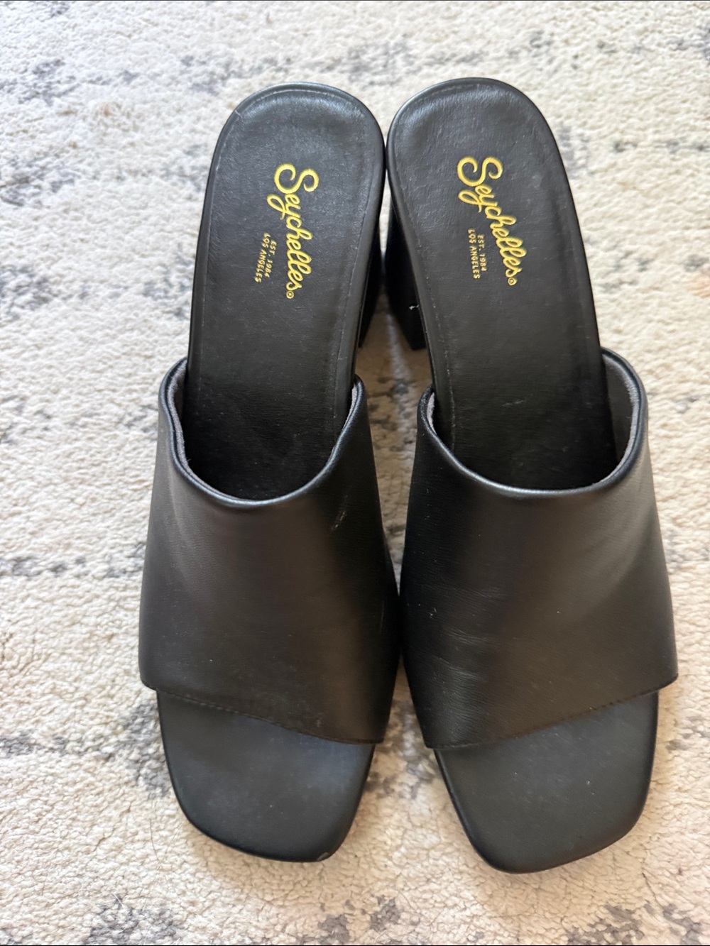 Seychelles Black Leather Slide Mules